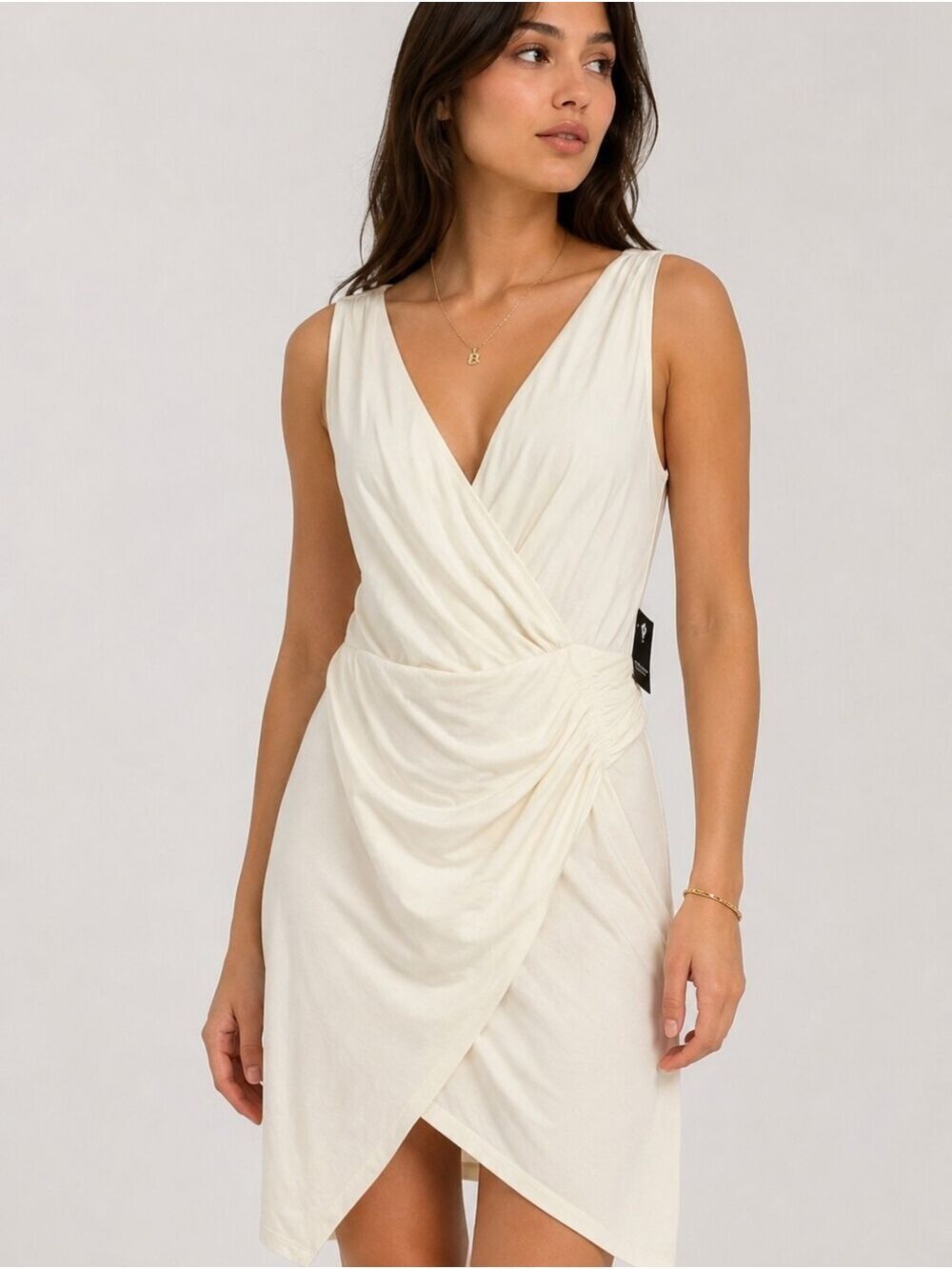 NWT Guess Ivory Ruched Faux Wrap Dress Size 14 | Fully Lined